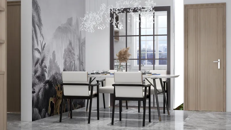 Modern dining room featuring white table black chairs grey forest wallpaper and white ceiling light