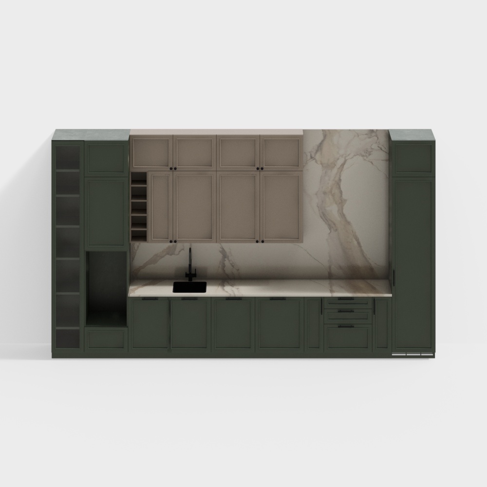 Elegant Kitchen Cabinet 3D Model – Green Doors & Marble Top