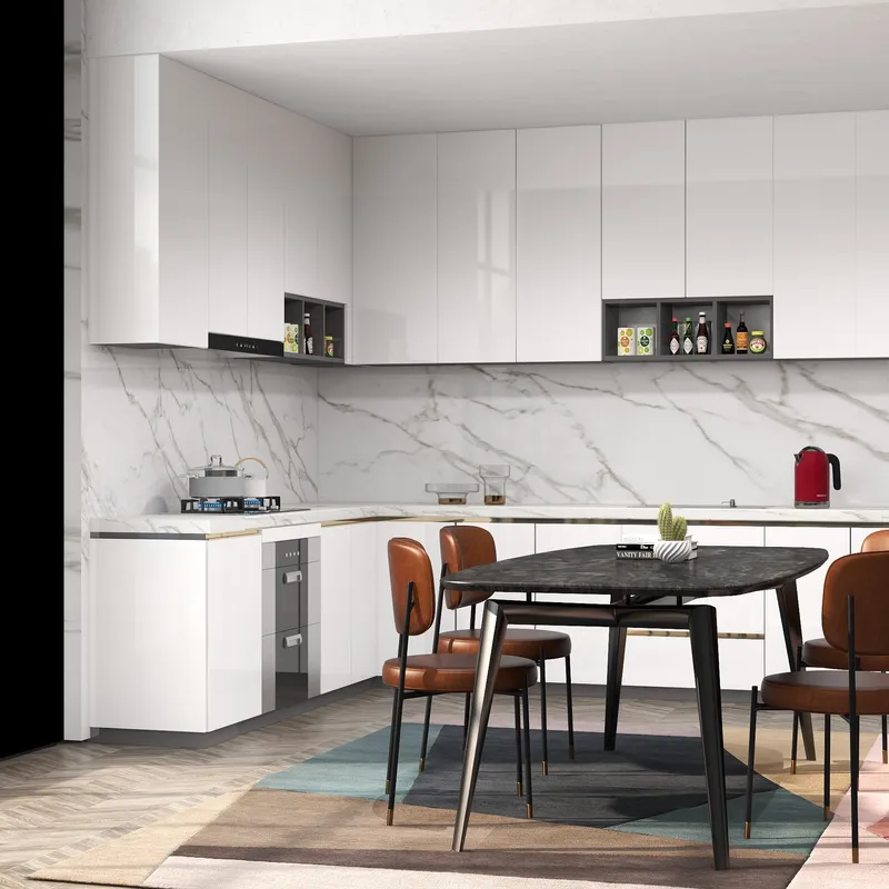 Modern white kitchen featuring marble backsplash black dining table brown chairs rug and wood flooring