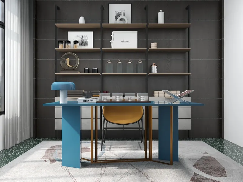 Home office with blue desk and gold legs on rug against a dark wood wall