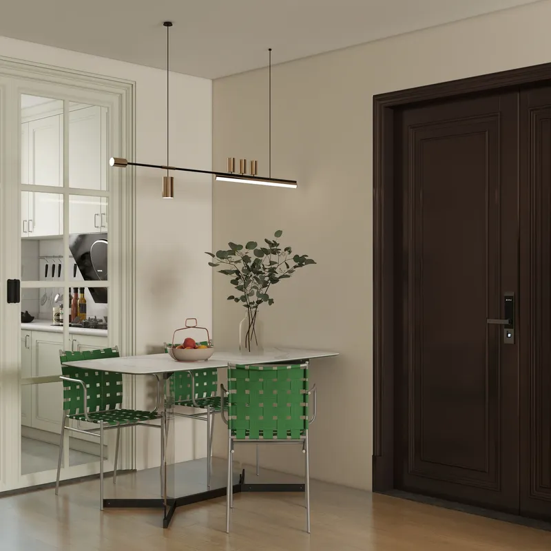 Modern dining area with green woven chairs marble table black ceiling light dark brown door