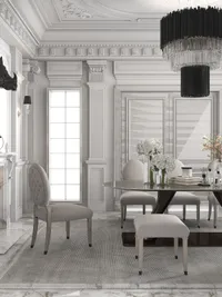 Dining room view showing beige chairs, round table, flowers, and textured white wall panel design