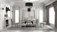 Luxury dining room with white wall panels, round table, beige chairs, and black ceiling light