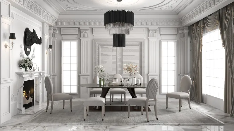 Luxury dining room with white wall panels, round table, beige chairs, and black ceiling light