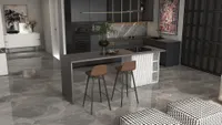 Modern kitchen interior design drawing showing marble floor dark cabinets and two brown bar stools