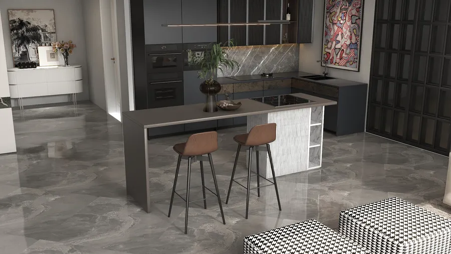 Modern kitchen with grey marble floor dark cabinets long island two brown stools and art