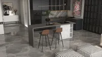 Modern kitchen interior design drawing with grey marble floor dark cabinets and two brown stools