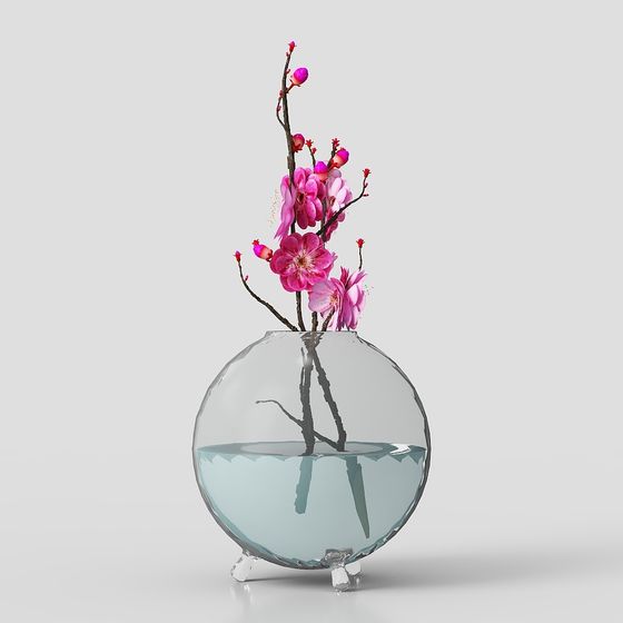 Glass Vase with Cherry Blossoms 3D Model