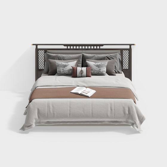 New Chinese-Style Bed 3D Model in Gray