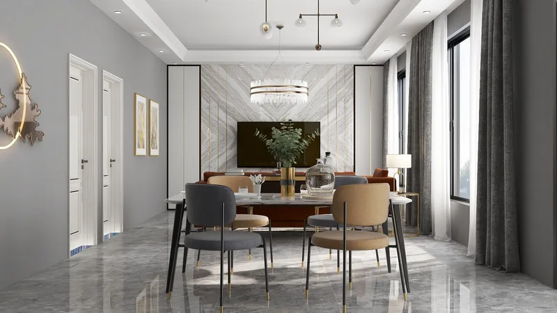 Modern dining room with marble table grey and brown chairs ceiling light and marble wall background