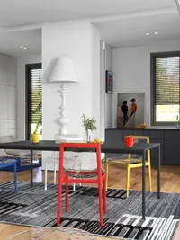 Modern dining room featuring a black table with bright colorful chairs and a patterned rug