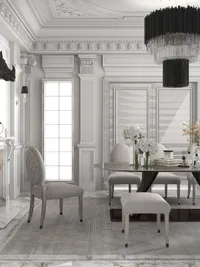Vertical view of dining table with grey chairs white wall panels and black ceiling light