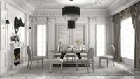 Elegant white dining room with grey chairs round table black ceiling light fireplace and windows