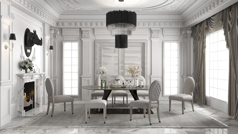Elegant white dining room with grey chairs round table black ceiling light fireplace and windows