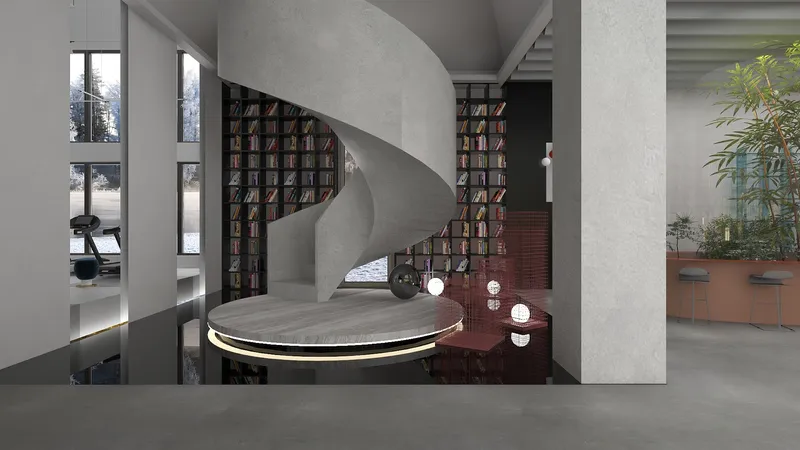 Modern grey spiral staircase in large room with tall bookshelves and green bamboo plant decoration