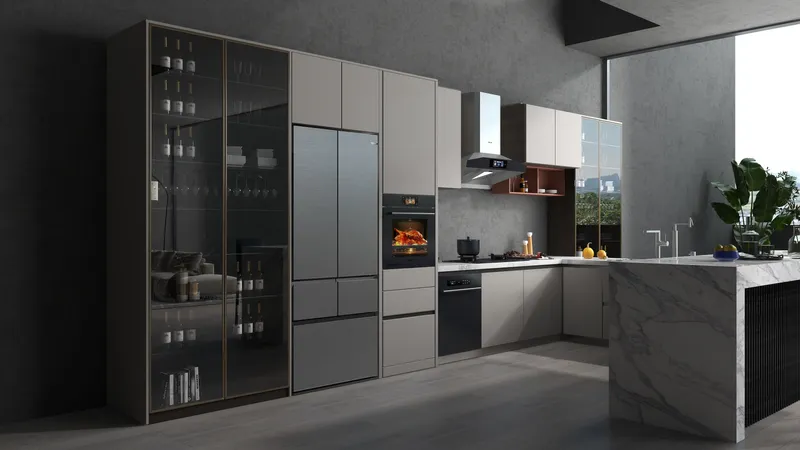 Modern kitchen with grey cabinets, glass wine cabinet, fridge, oven, marble island, and wooden floor