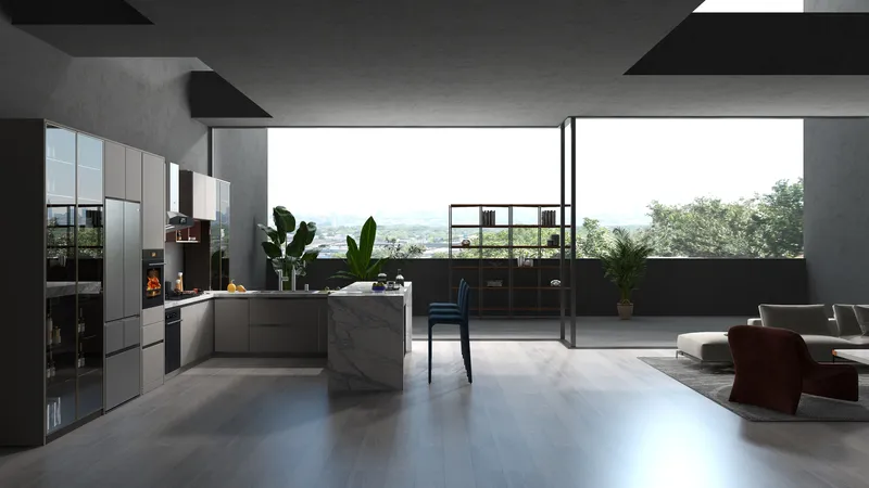 Modern open plan kitchen and living area with marble island grey sofa and balcony view
