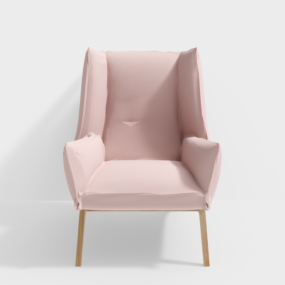 Elegant Wing Chair 3D Model – Pink Seat & Wooden Legs