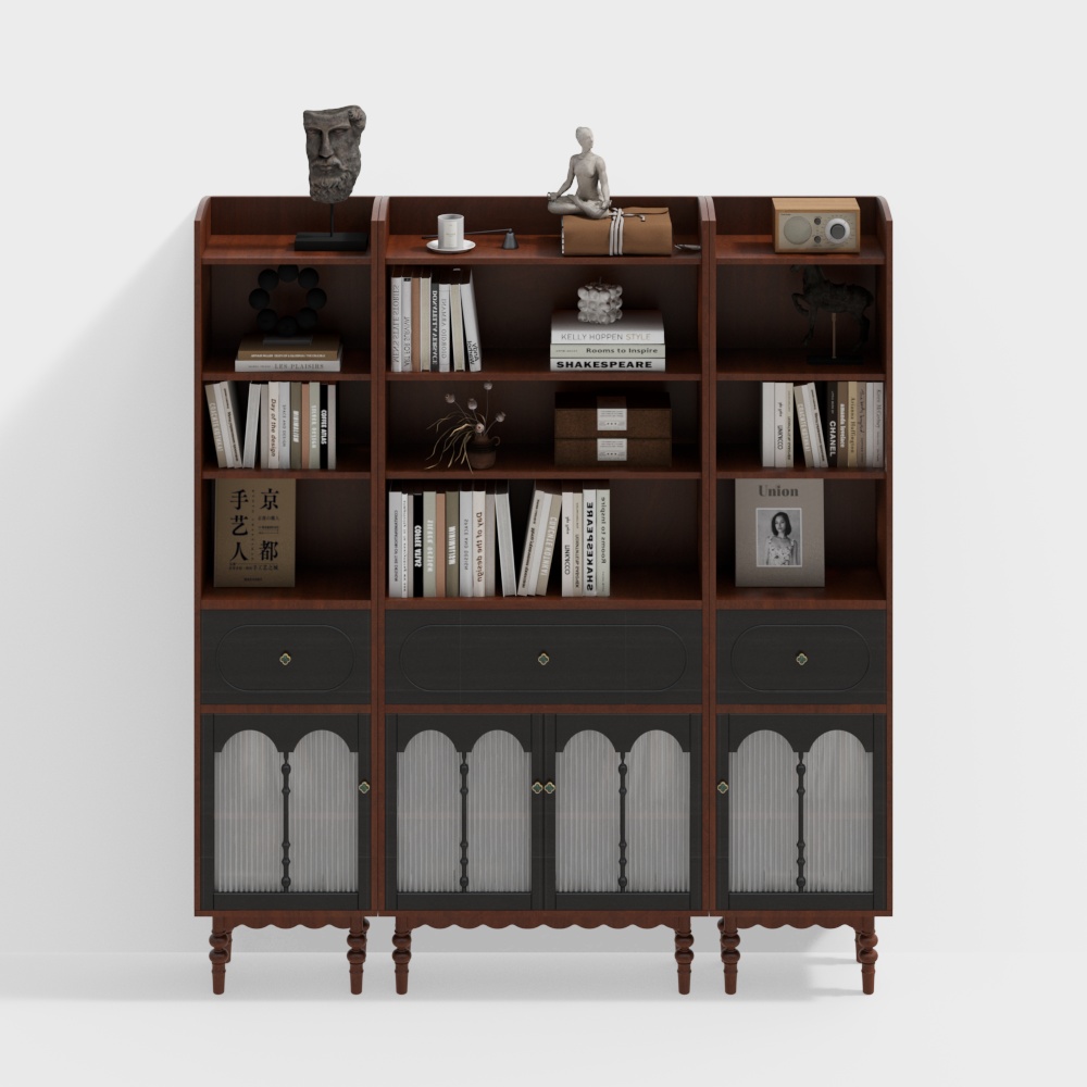 Vintage Bookshelf 3D Model – Classic Wood & Glass