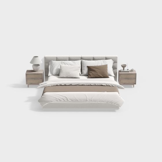 Modern Beige Double Bed Set 3D Model for Contemporary Bedrooms