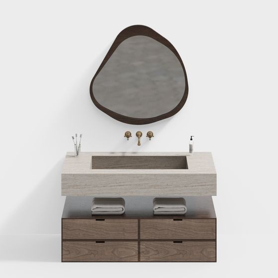Aesthetic Simplicity Bathroom Cabinet 3D Model in Brown Finish