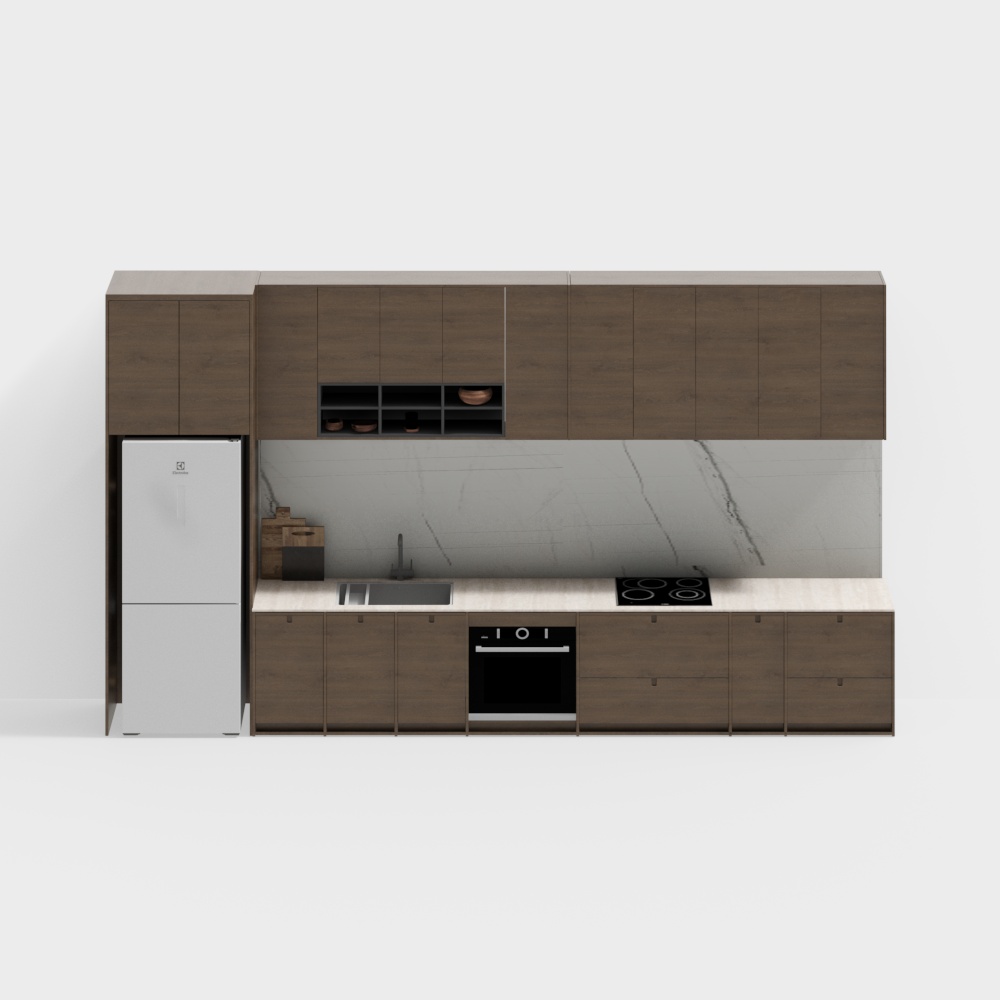 Elegant Low-Poly Kitchen 3D Model – Wooden Cabinet Design