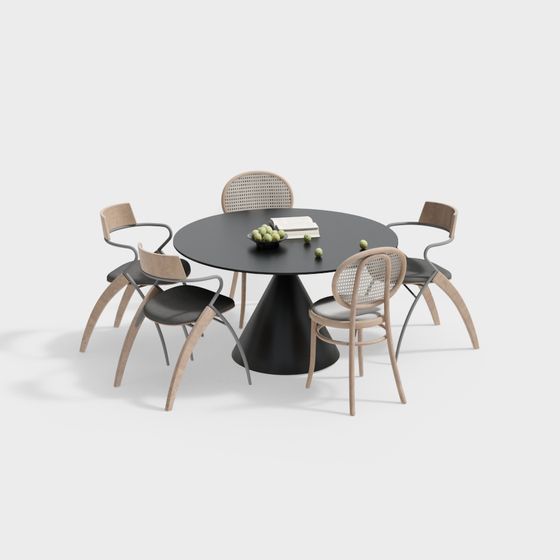 Round Table and Rattan Chair Combination 3D model
