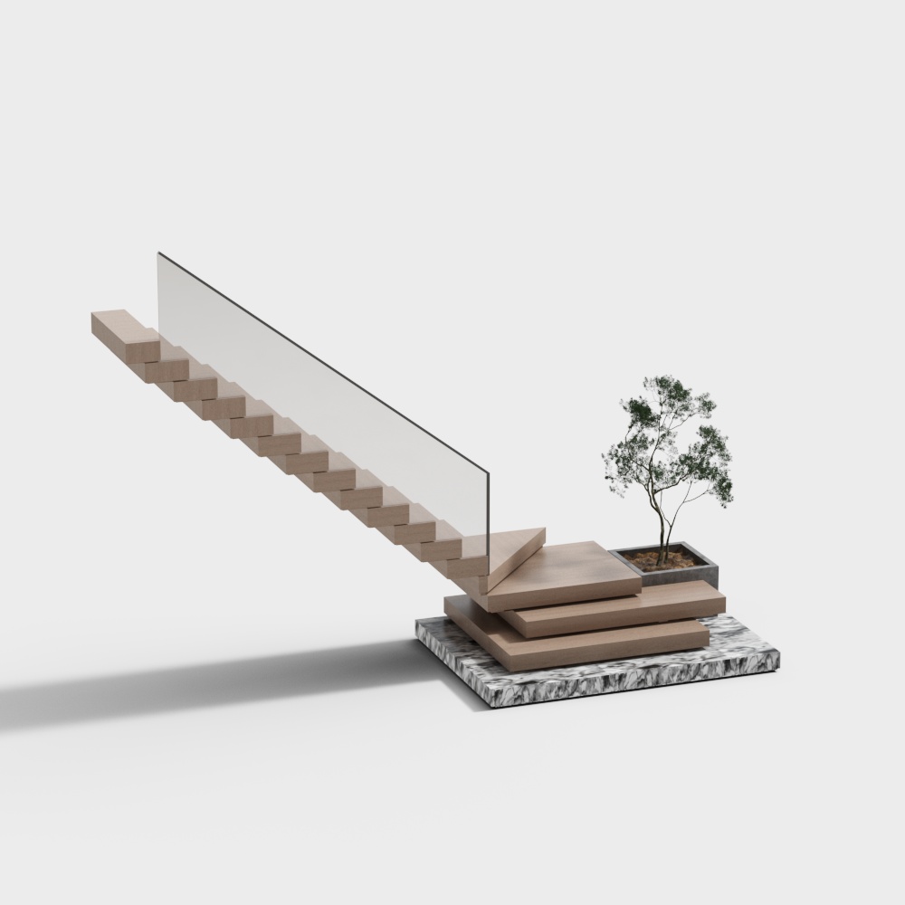 Elegant Low-Poly Staircase 3D Model – Wooden & Marble Design