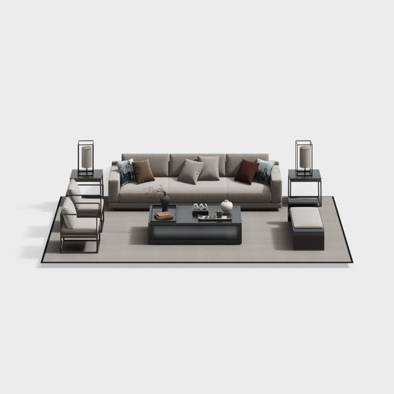 Elegant New Chinese-Style Sofa Set 3D Model in Gray