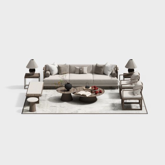 Beige New Chinese-style Sofa Set 3D Model