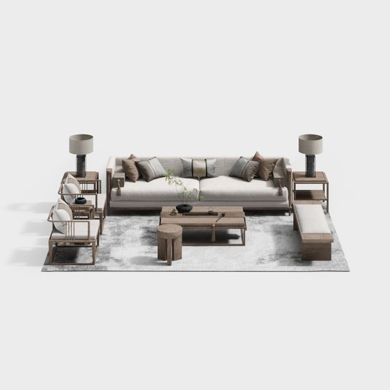 New Chinese-style Sofa Set 3D Model in Gray