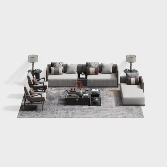 New Chinese-Style Sofa Set 3D Model in Gray Finish