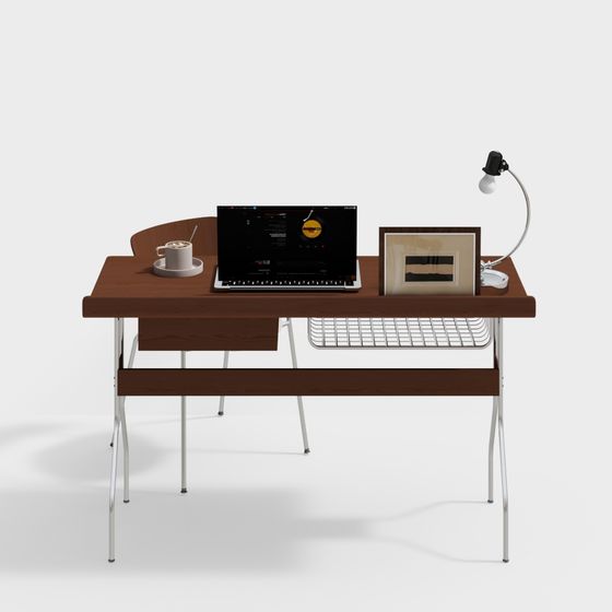 Modern Table Set 3D Model in Brown for Workspace