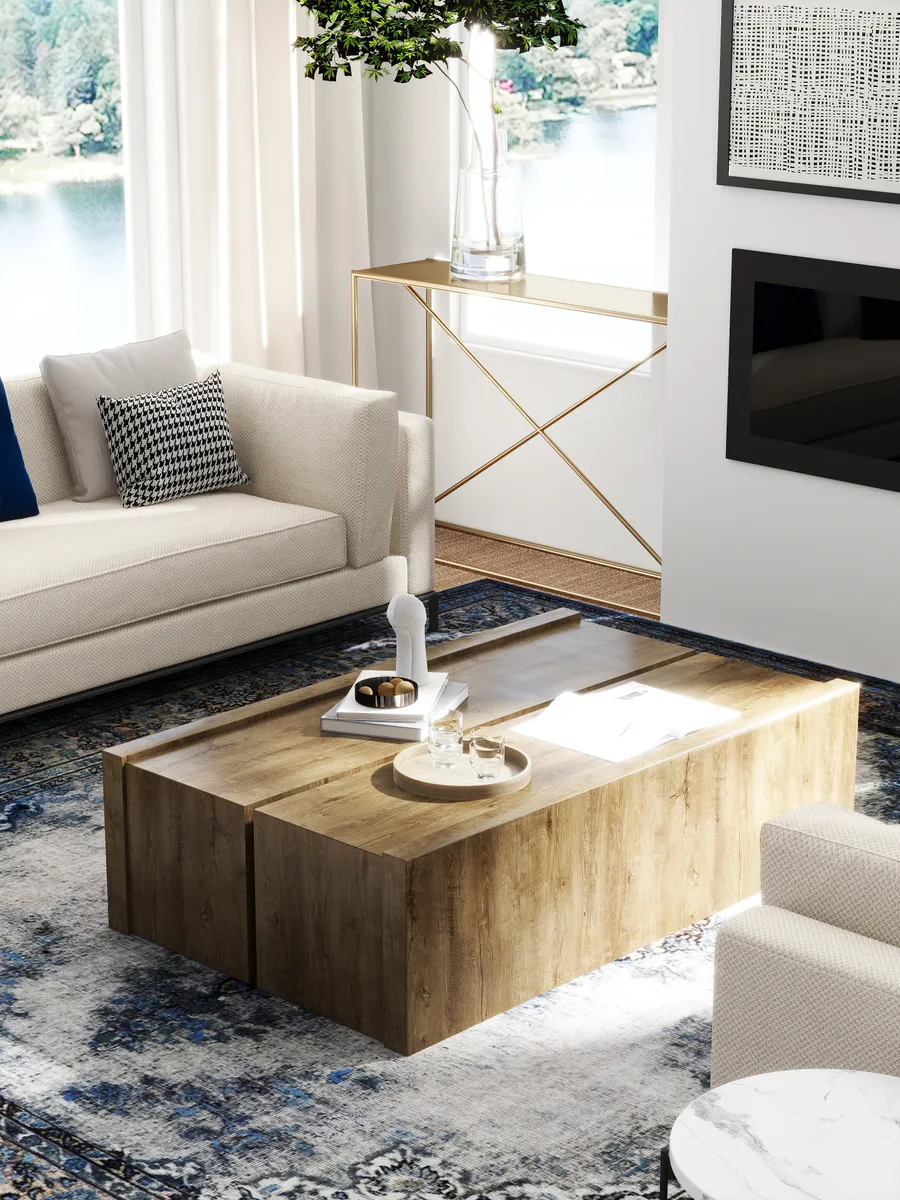 Modern living room with wooden coffee table white sofa blue patterned rug and gold side table