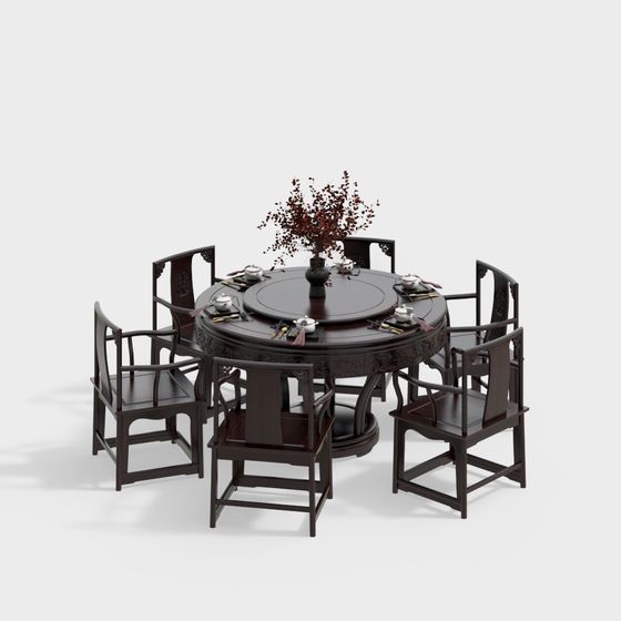 Elegant Chinese Round Table and Chairs 3D model