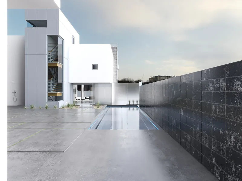 Modern white house exterior featuring swimming pool dark tiled wall concrete patio and outdoor stairs