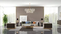 Luxury living room with beige wall panel, ceiling light, sofa, coffee table, and large windows