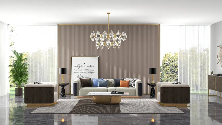 Luxury living room with beige wall panel, ceiling light, sofa, coffee table, and large windows