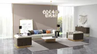Modern living room with beige sofa, ceiling light, two armchairs, marble coffee table, and cabinet