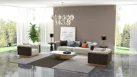 Modern living room with a large sofa set marble coffee table and gold ceiling light