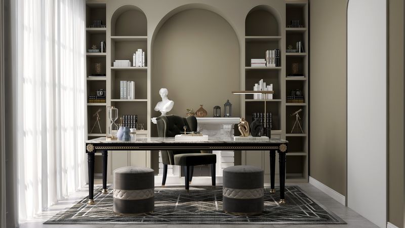 Elegant Home Office Design with Symmetrical Bookshelves