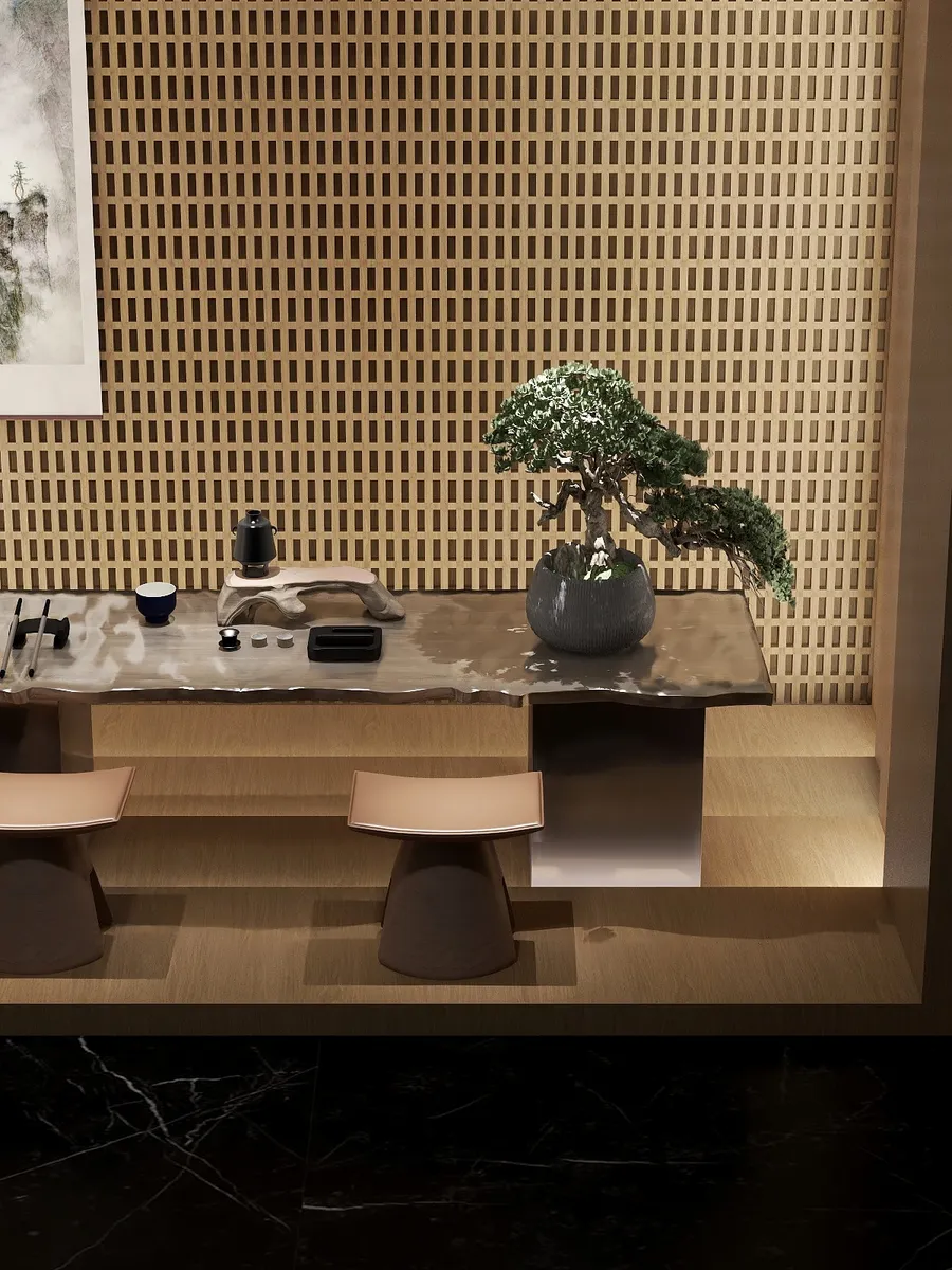 Zen tea room with wooden wall panel a long table bonsai tree and two stools