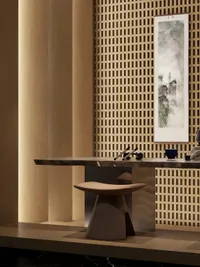 Close view of tea room with wooden wall panel long table brown stool and painting