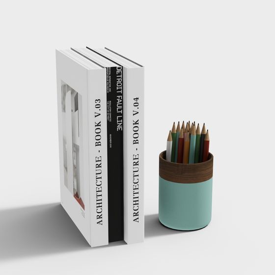 Stylish Architectural Books and Pencil Holder 3D model