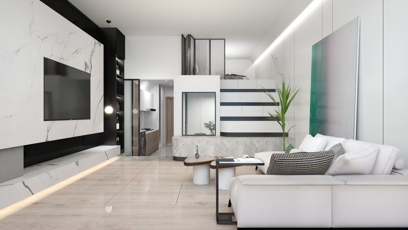 Modern Living Room with Marble Accent Wall