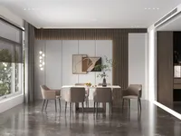 Dining room with brown chairs marble table wood wall panels and polished dark stone floor