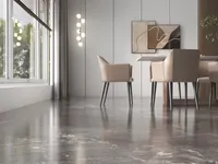 Modern dining room with dark marble floor beige chairs table and hanging globe ceiling light