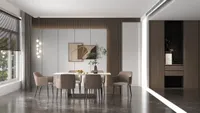 Modern dining room with marble table brown chairs wall panels globe light fixture and window