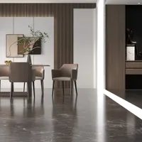 Modern dining space featuring brown chairs marble floor wall art and dark wood storage cabinet