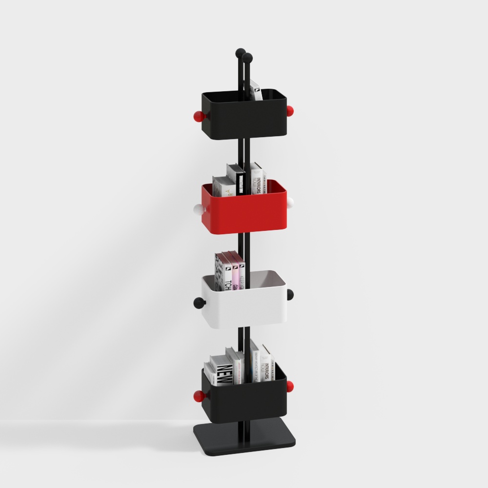 Stylish Low-Polygon Bookshelf 3D Model – Black Metal Frame